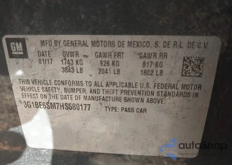 2017 Chevrolet Cruze Lt Auto из США, поврежденный, VIN 3G1BE6SM7HS580177